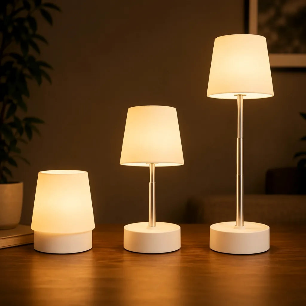 Luminária LED touch retrátil recarregável para iluminação prática e sem fio em ambientes internos.