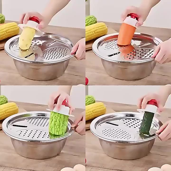 Kit 3 Em 1 Ralador Fatiador Escorredor Bacia Legumes Queijo Manual Tigela Cozinha Prática