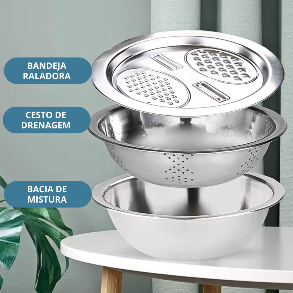 Kit 3 Em 1 Ralador Fatiador Escorredor Bacia Legumes Queijo Manual Tigela Cozinha Prática