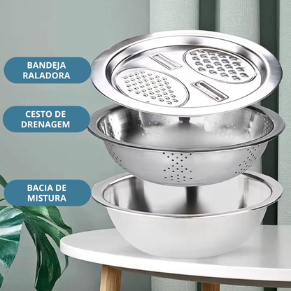 Kit 3 Em 1 Ralador Fatiador Escorredor Bacia Legumes Queijo Manual Tigela Cozinha Prática