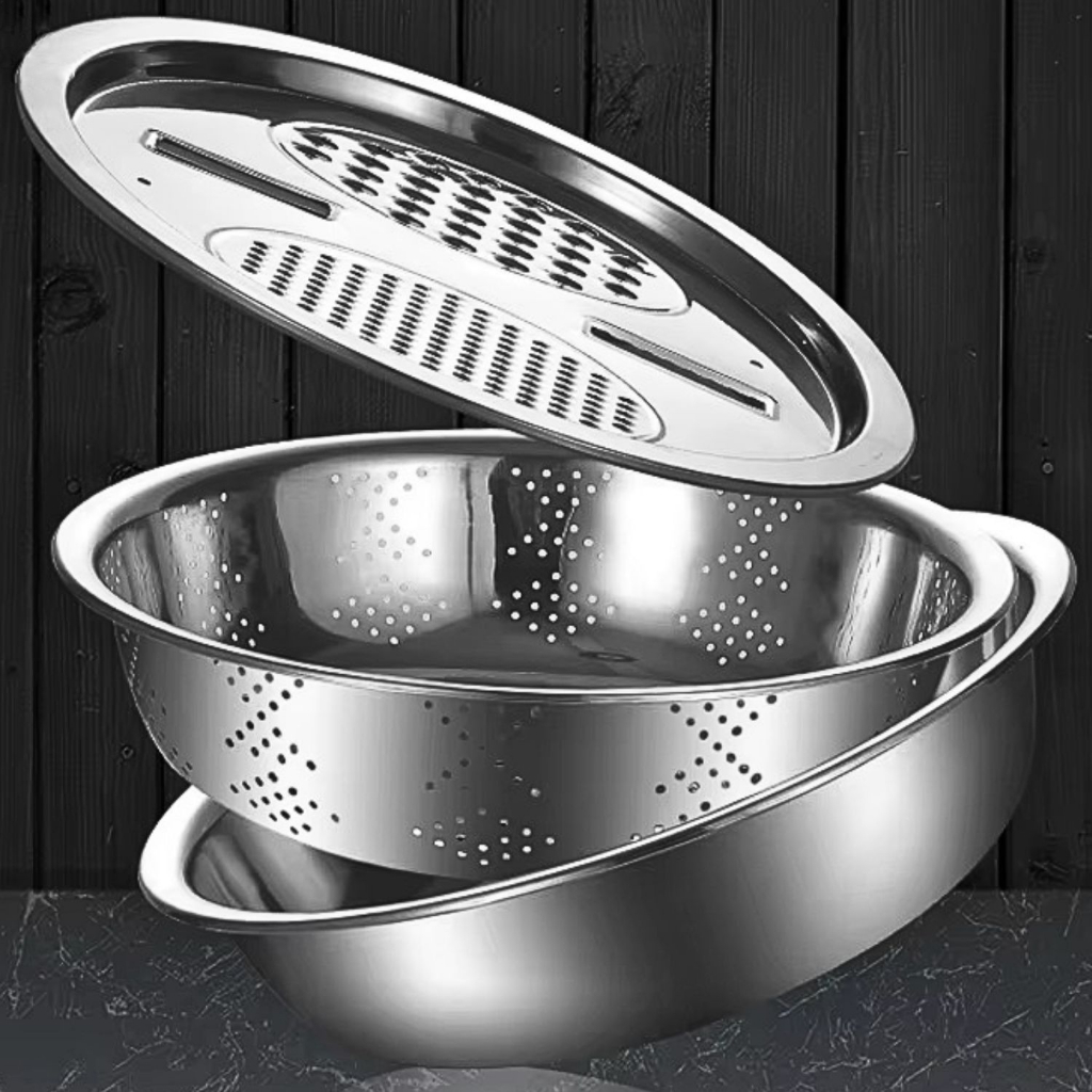 Kit 3 Em 1 Ralador Fatiador Escorredor Bacia Legumes Queijo Manual Tigela Cozinha Prática