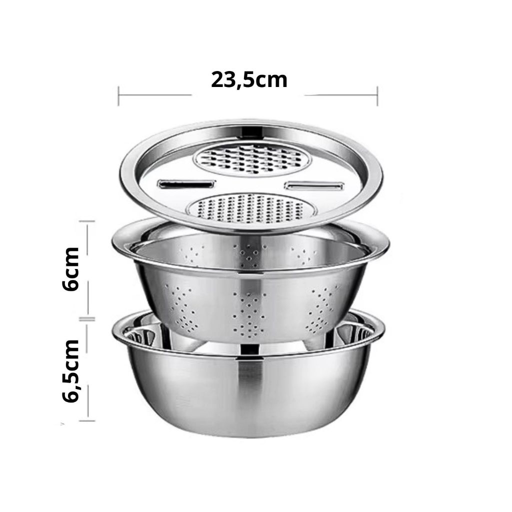 Kit 3 Em 1 Ralador Fatiador Escorredor Bacia Legumes Queijo Manual Tigela Cozinha Prática