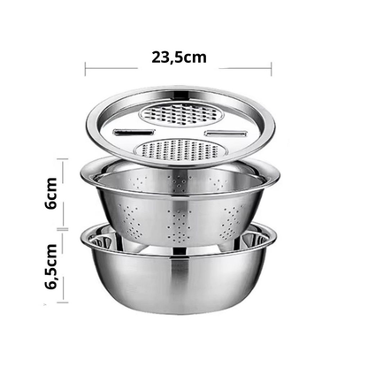 Kit 3 Em 1 Ralador Fatiador Escorredor Bacia Legumes Queijo Manual Tigela Cozinha Prática