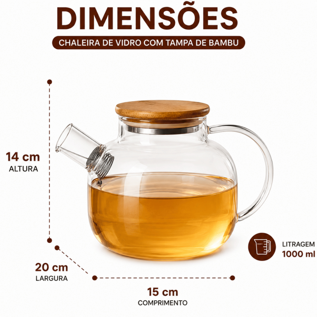 Chaleira de Vidro Borossilicato para Fogão com Filtro Inox e Tampa de Bambu 1000ml