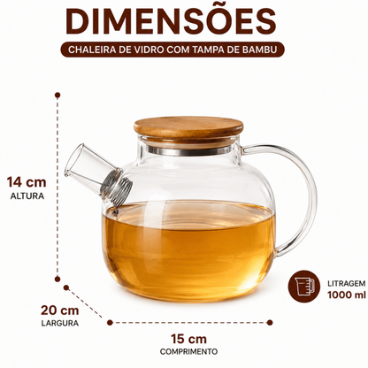 Chaleira de Vidro Borossilicato para Fogão com Filtro Inox e Tampa de Bambu 1000ml