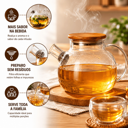 Chaleira de Vidro Borossilicato para Fogão com Filtro Inox e Tampa de Bambu 1000ml