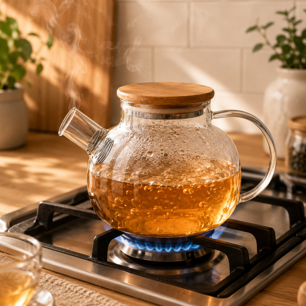 Chaleira de Vidro Borossilicato para Fogão com Filtro Inox e Tampa de Bambu 1000ml